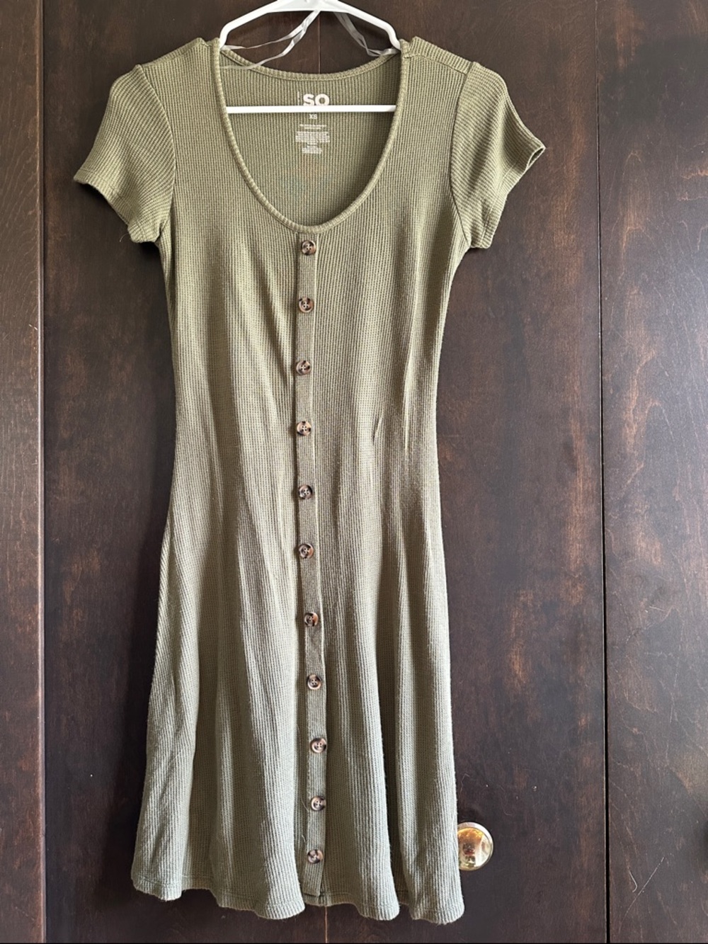 SO Olive Green Ribbed Button-Front Midi Dress